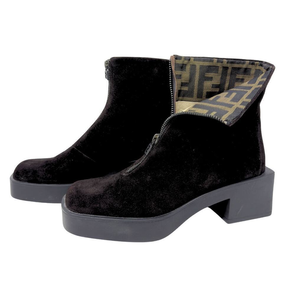 Fendi Boots FF Logo Chunky Platform Zucca Brown Monogram Ankle Chelsea Shoes 7
